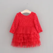 Г. Новые летние осенние красные платья с длинными рукавами для девочек кружевное Новогоднее многоярусная кисея, праздничные платья Одежда для детей