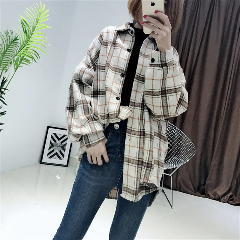 

2019 Autumn blouse new retro bf wind woolen plaid shirt top women blouses long sleeve sunscreen shirt women tops blusas
