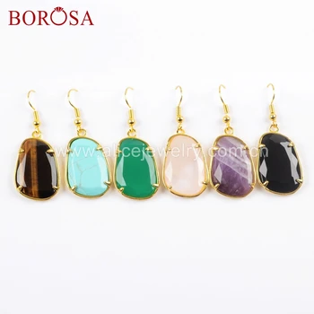 

BOROSA 5/10Pairs Natural Multi-kind Faceted Stones Gold Color Earrings Prong Setting Pink Quartz Agates Drop Earrings WX1049
