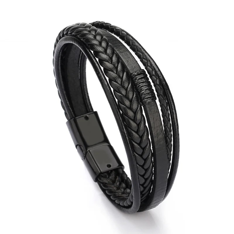 

Leather bangles Magnetic-Clasp Cowhide Braided Multi-Layer Wrap Mens Bracelet