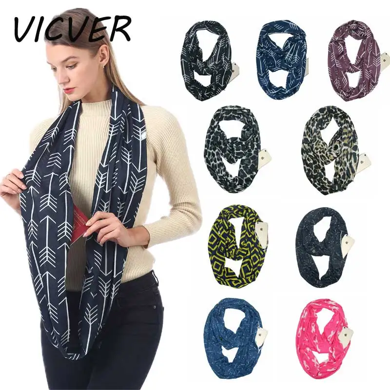 

New Fashion Convertible Infinity Scarf with Pocket Pattern Infinity Scarf with Zipper Pocket All-match Fashion Women Scarves