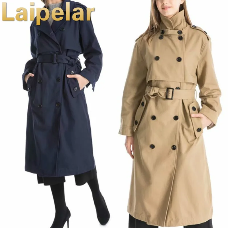

Autumn winter trench coat with belt double breasted long-sleeved solid lapel long trench coat Laipelar European Trench for Women