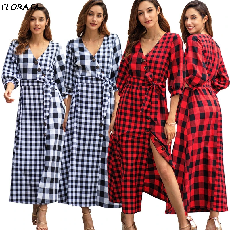 FLORATA Early Spring New Women Original Design Classical Plaid Seven Points Long-Sleeved Retro V-Neck Elegant Temperament Dress