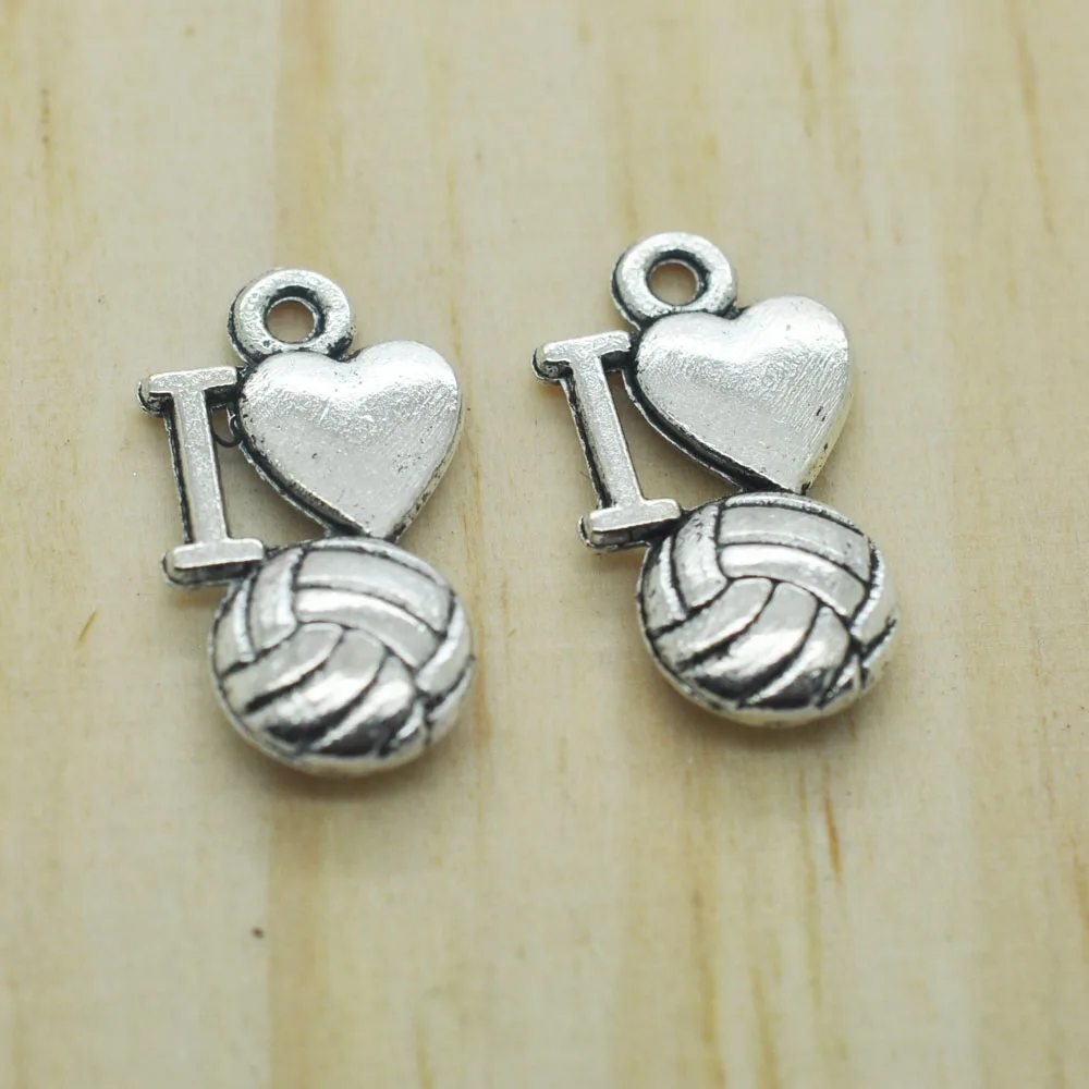 60pcs I Love Volleyball Charms, Antique Tibetan silver Tone I heart
