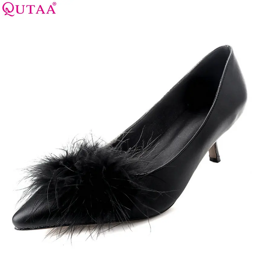 

QUTAA 2018 Women Pumps Pu Leather Fashion Women Shoes Platform Thin Heel Pointed Toe Shallow Ladies Wedding Pumps Size 34-43