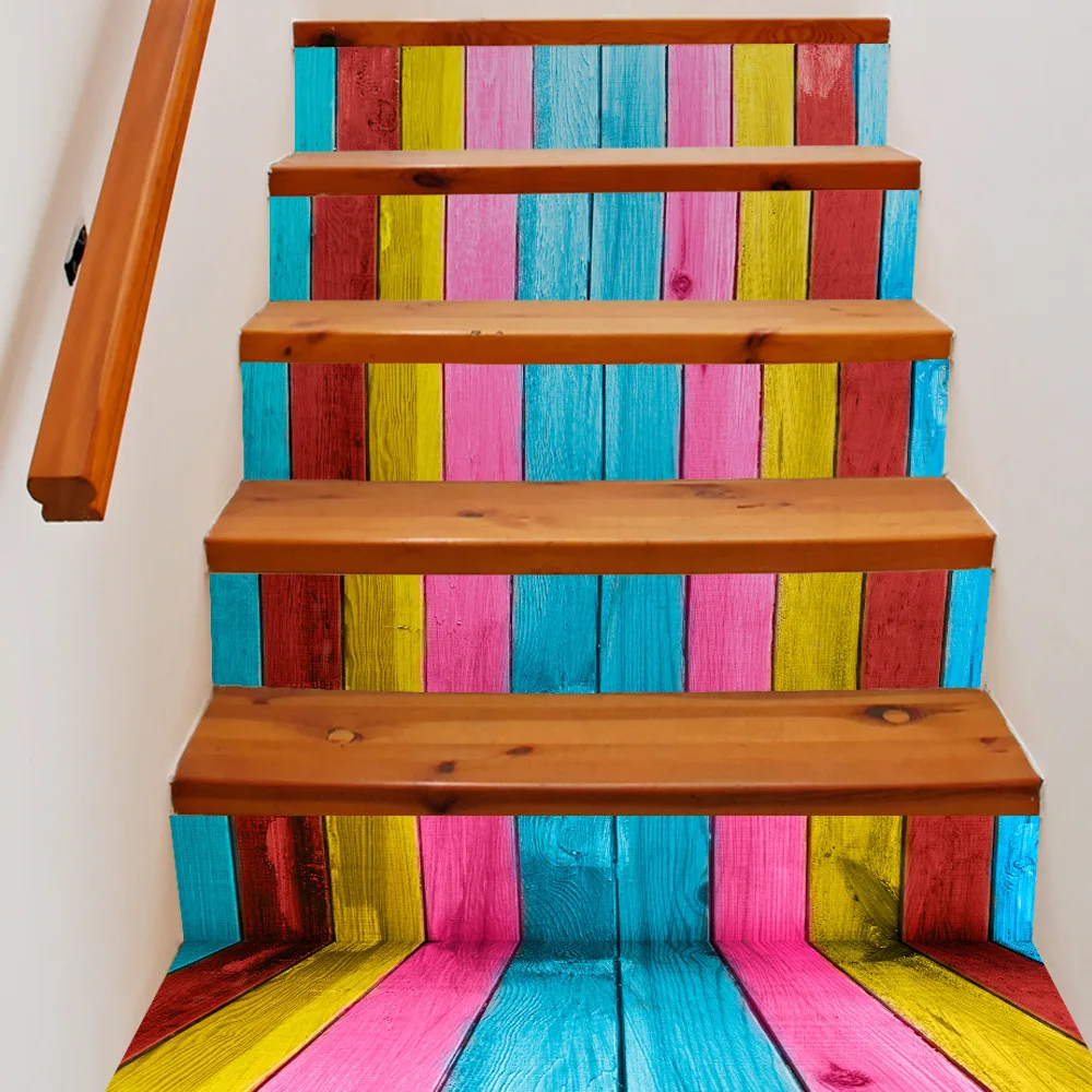 6 unids/set grano de madera color 3D escaleras Adhesivos dormitorio zócalo auto-adhesivo pegatinas de pared Decoración para el hogar