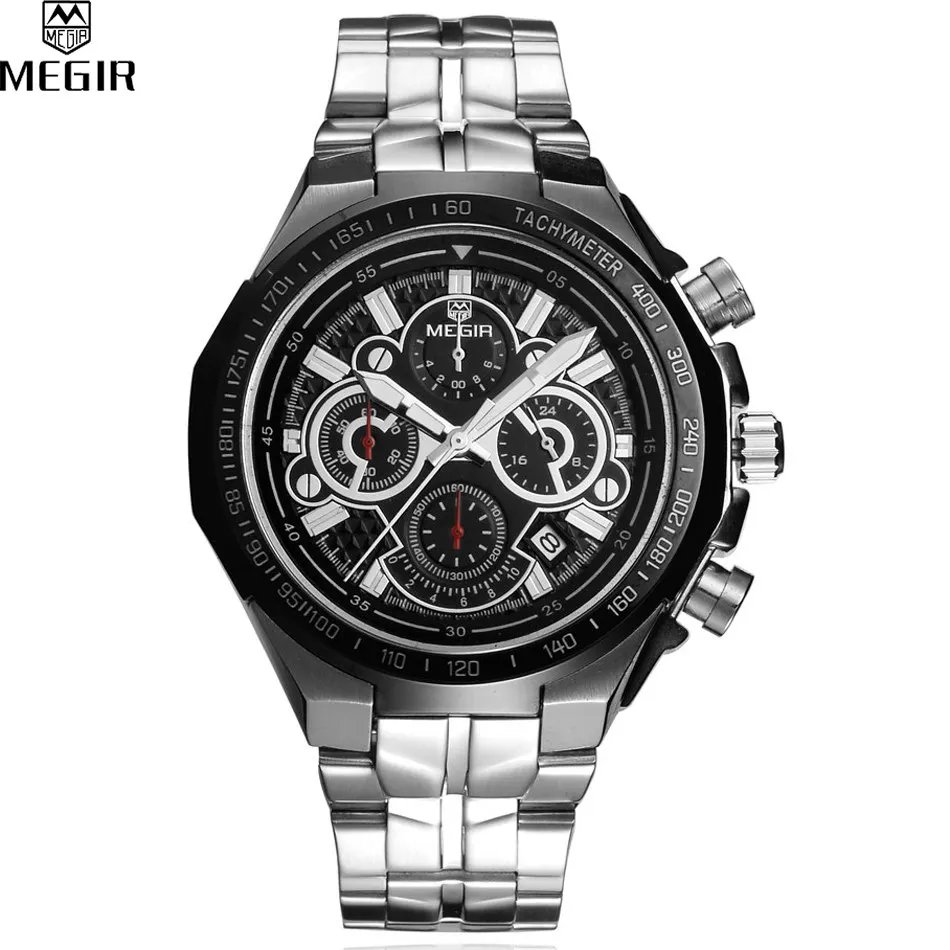 MEGIR Sport Watch Men Accurate Travel Time Chronograph Silver Dial