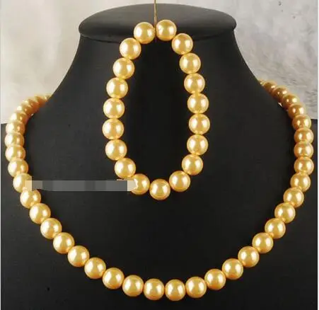 

SHIPPING HOT sell new Style >>>>10mm Yellow Pearl Necklace Bracelet Set man-made 7" 18.5