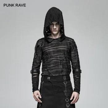 

PUNK RAVE Men Gothic Steampunk Rock Printing Hoodies Fashion Men's Punk Hole Sexy Tops Casual Street Hooded T-shirt