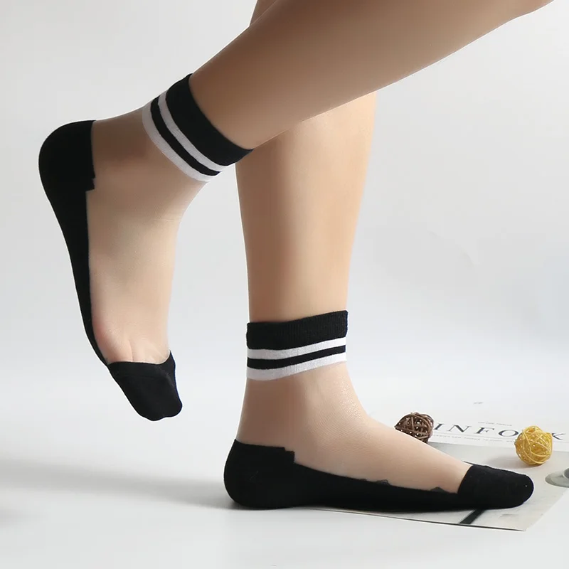 5 пар/партия женские белые/черные полосатые хлопковые шелковые ультратонкие короткие носки Mujer простые прозрачные невидимые Meias сексуальные Bas