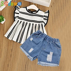 Sodawn-Kinder-Kleidung-Mode-Gestreiften-T-Shirt-Denim-Shorts-2-Pcs-2018-Sommer-Neue-M-dchen