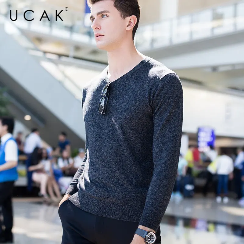 UCAK Brand Sweater Men Classic Casual V-Neck Pull Homme Pure Merino Wool Pullover Men Autumn Winter Soft Cashmere Sweaters U3005