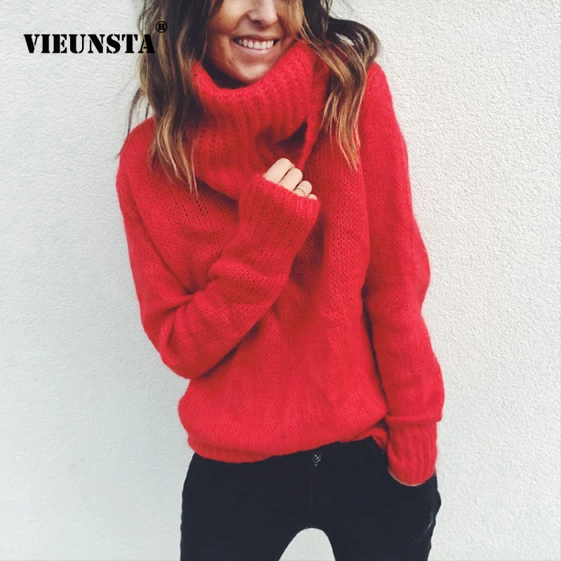 Goedkoop VIEUNSTA 3XL Warme Coltrui Herfst Winter Trui Vrouwen Casual Lange Mouwen Solid Tops Trui Plus Size Gebreide Trui Jumper