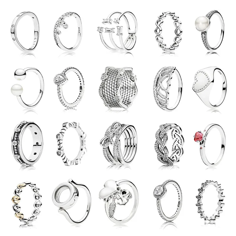 

New Authentic 925 Sterling Silver Clear CZ Heart Crown Pans Locket Ring Original For Women Wedding DIY Jewelry Birthday Gift
