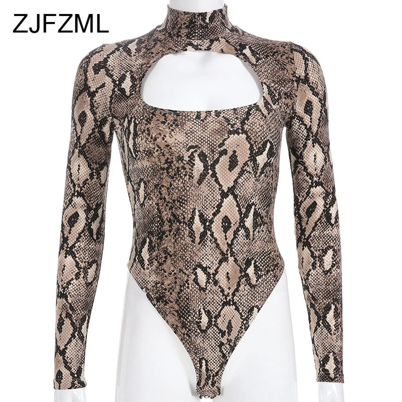 ZJFZML Turtleneck Long Sleeve Snake Skin Print Sexy Women Bodysuits Autumn Causal Skinny Romper Femme Club Hollow Out Overalls