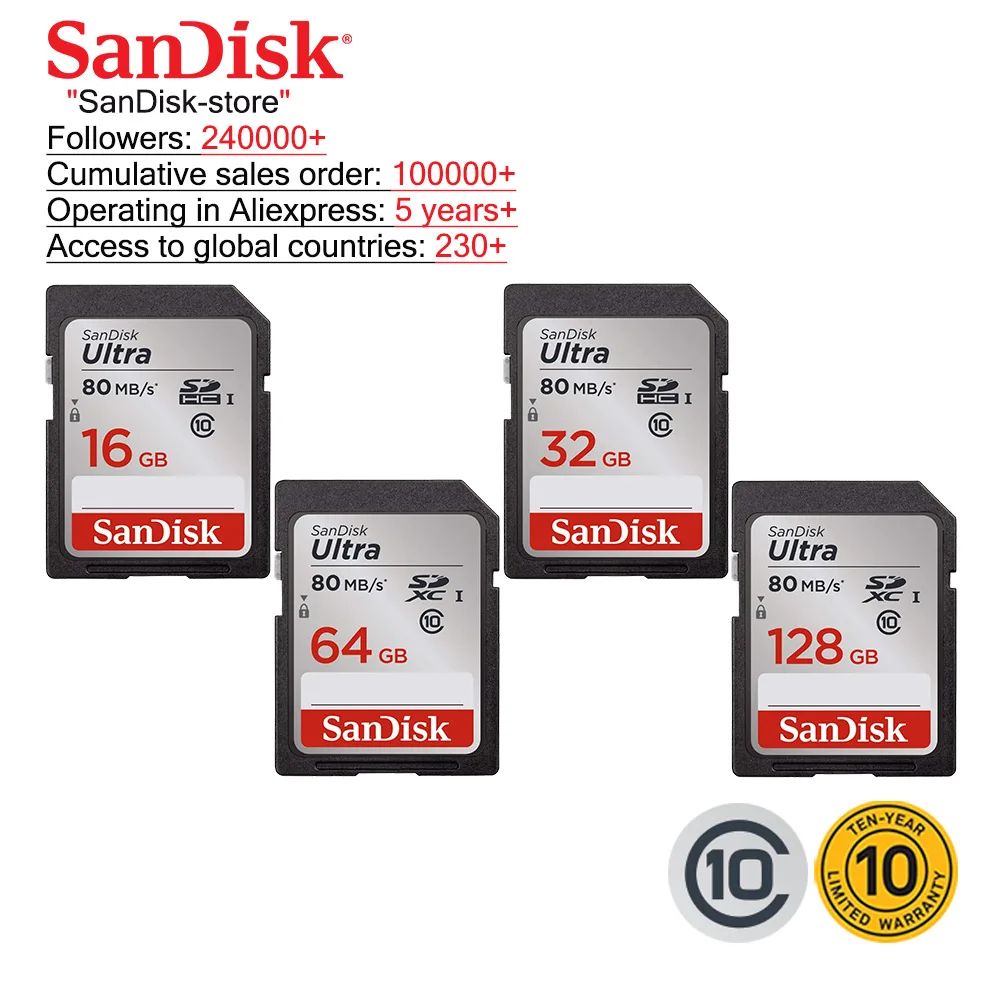 

SanDisk SD Card Memory Card Ultra Class10 SD Card C10 UHS-I 80MB/s Read Speed for Camera Camcorder 16GB 32GB 64GB 128GB