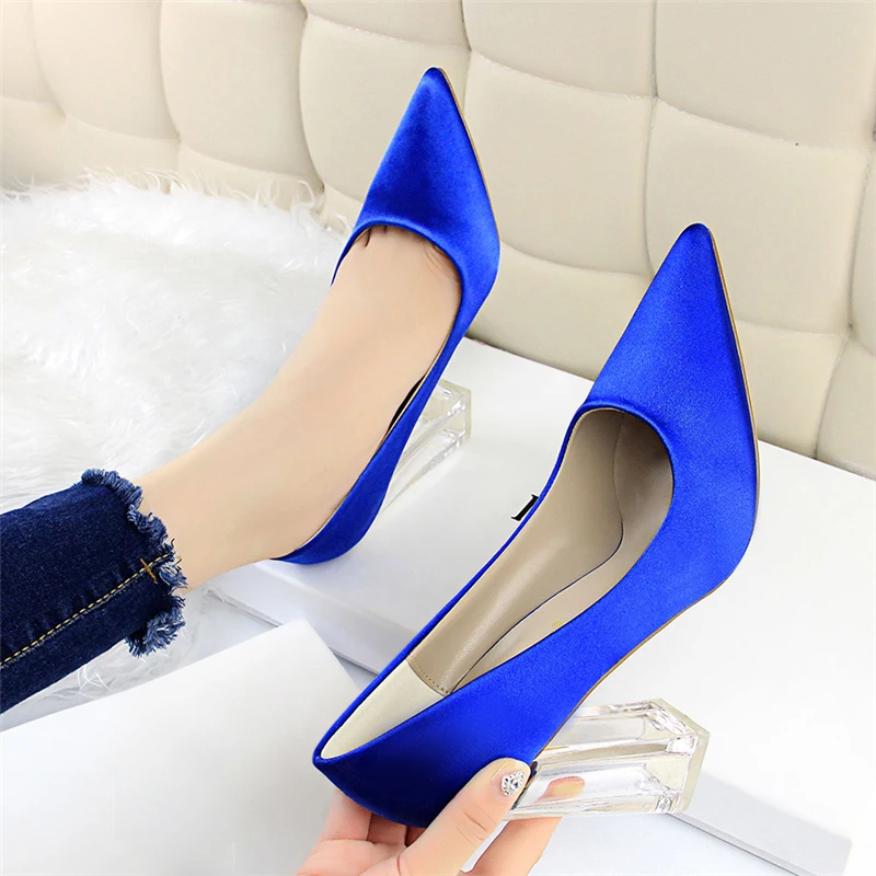 2019 Plus Size 43 Women Block 10cm High Heels Lady Scarpins Green Satin Pumps Female Wedding Yellow Blue Silk Transparent Shoes