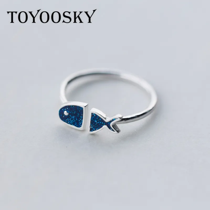 

TOYOOSKY 925 Sterling Silver Animal Cute Blue Color Fish Opening Ring Jewelry Adjustable for Women Lover Party Gifts