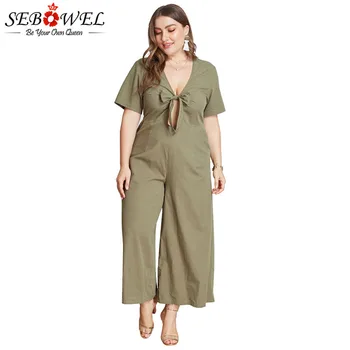 

SEBOWEL Plus Size Sexy Bowknot Deep V Neck Jumpsuits Woman Short Sleeve Summer Female Big Size Pink /Army Green Jumpsuit Rompers