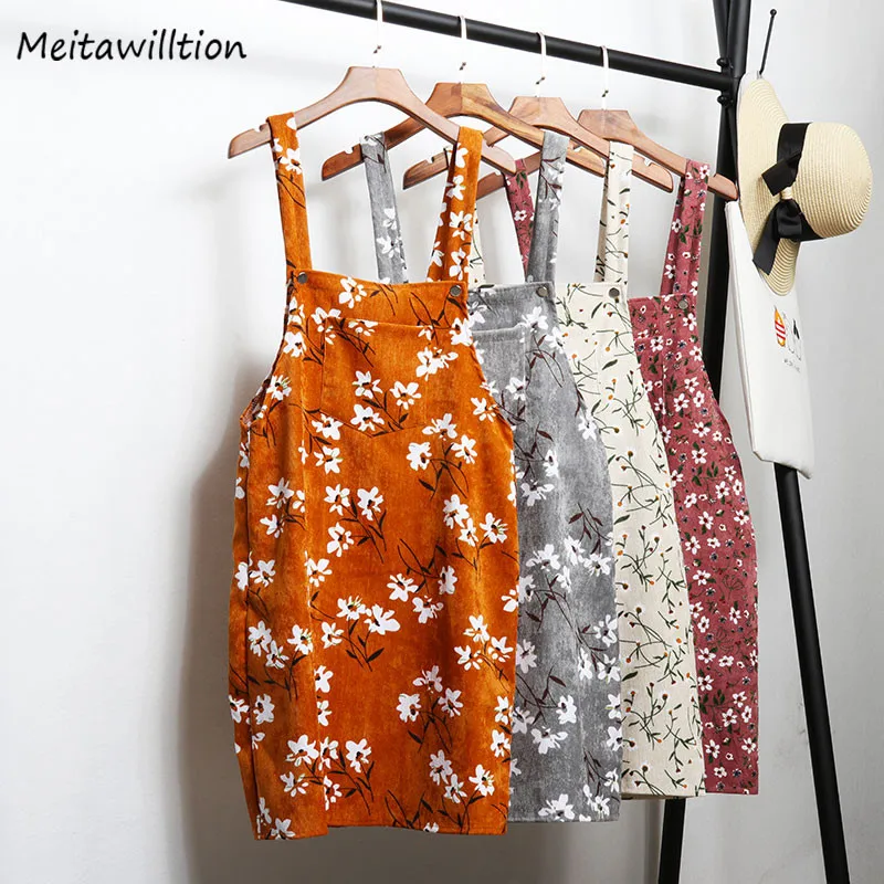 Women Retro Corduroy Skirt Summer Autumn Spring Winter Suspender Overall A Line Skirt Female Floral Jumpsuit Brace Skirts