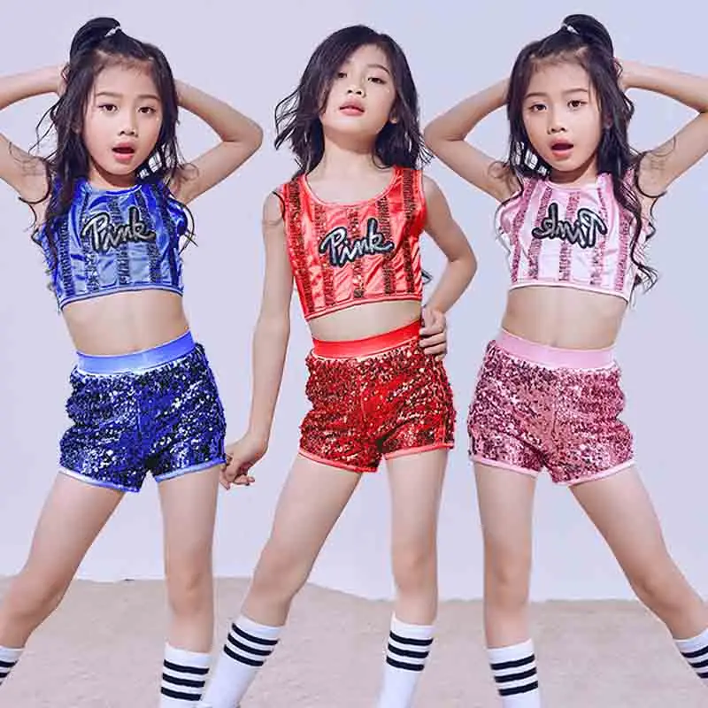 

Hip Hop Dance Costume Girls Children'S Day Performance Pink Sequins Vest Shorts Kids Jazz Costumes Street Dance Clothing DN1778