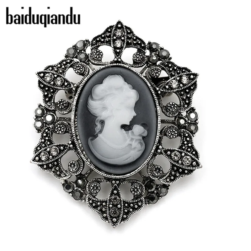 Бренд baiduqiandu в винтажном стиле, с кристаллами Броши с камеей для женщин в античном серебре или позолоченном цвете