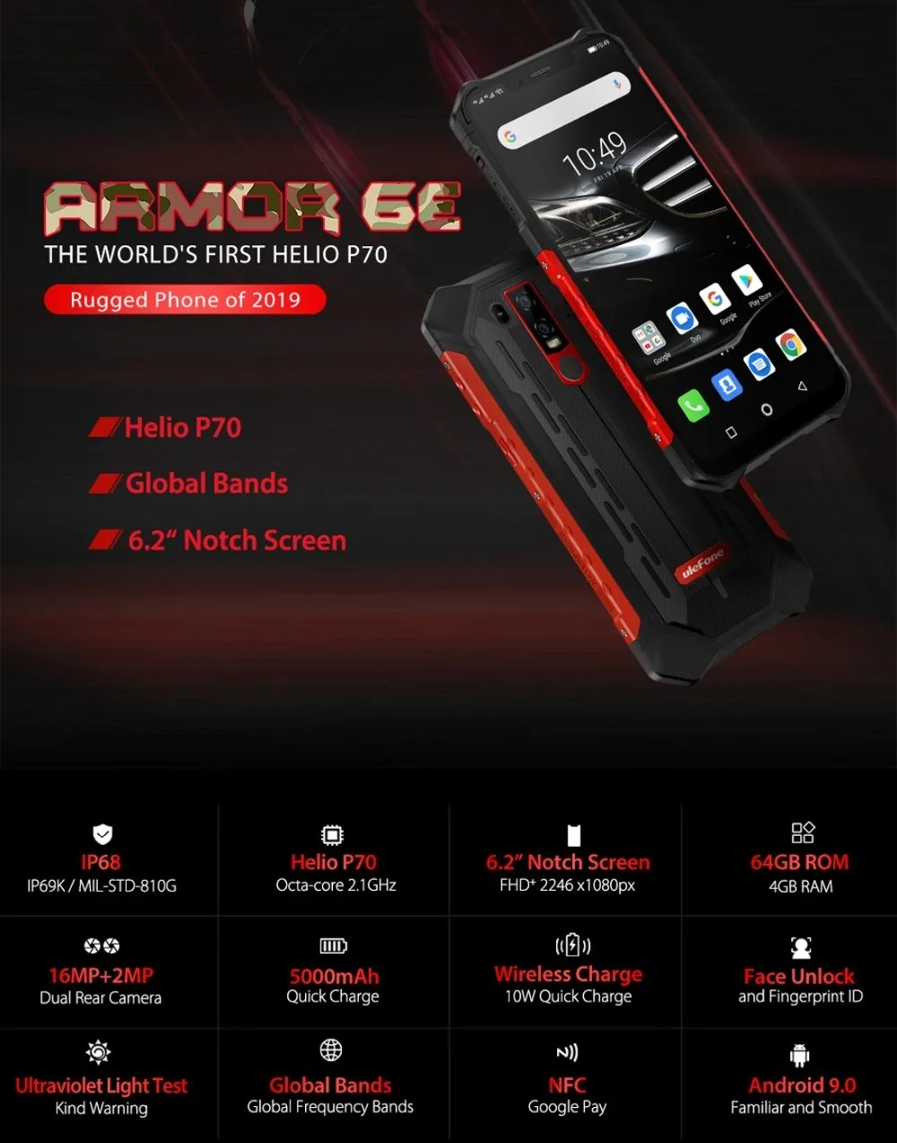 Ulefone Armor 6E IP68 прочный ударопрочный мобильный телефон Android 9,0 6,2 "4G + 64G сотовый телефон NFC телефоны Беспроводная зарядка 4G смартфон