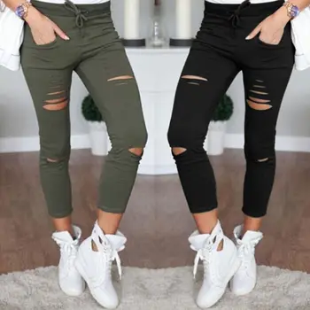 

Women Skinny Ripped Holes Pants High Waist Casual Stretch Slim Pencil Pant Legins Long Trouser For Women