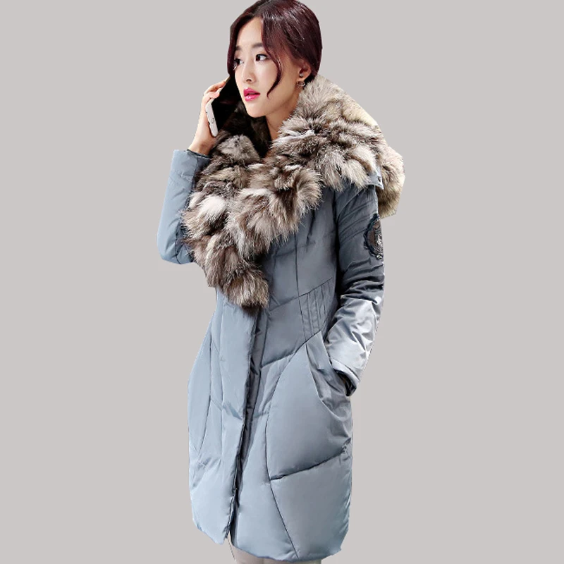 

2017 New Korean Women Long Coat Winter Thick Duck Down Jacket Quality Brand Fox Fur Collar Hooded Jackets Warm Parkas L0041