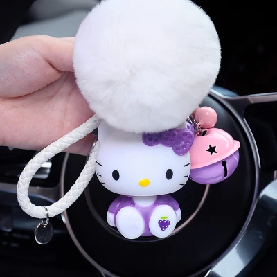 Cute Cartoon Hello Kitty Rabbit Fur Ball PomPom Pom Poms Keychain Women Leather Strap Metal Key Ring Chains Car Bag Charm D35B - Цвет: 3