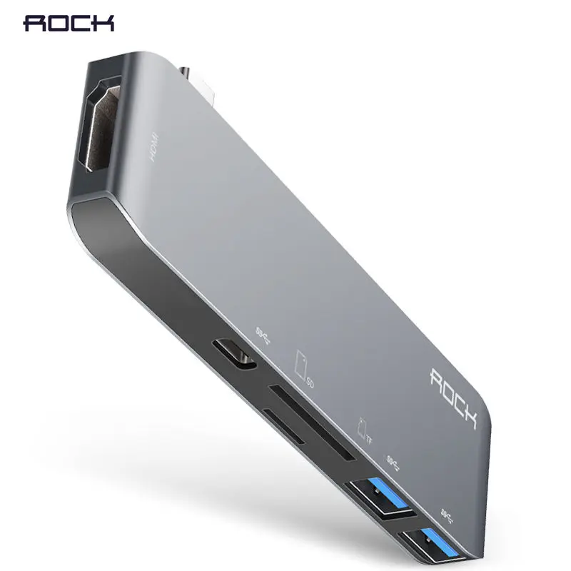 

Original 5 in 1 Charger Adapter Rock Type-C To 4K HDMI / 2 Ports USB 3.0 USB Hub / Type-C Hub / TF/SD Card Slot Adapter Grey