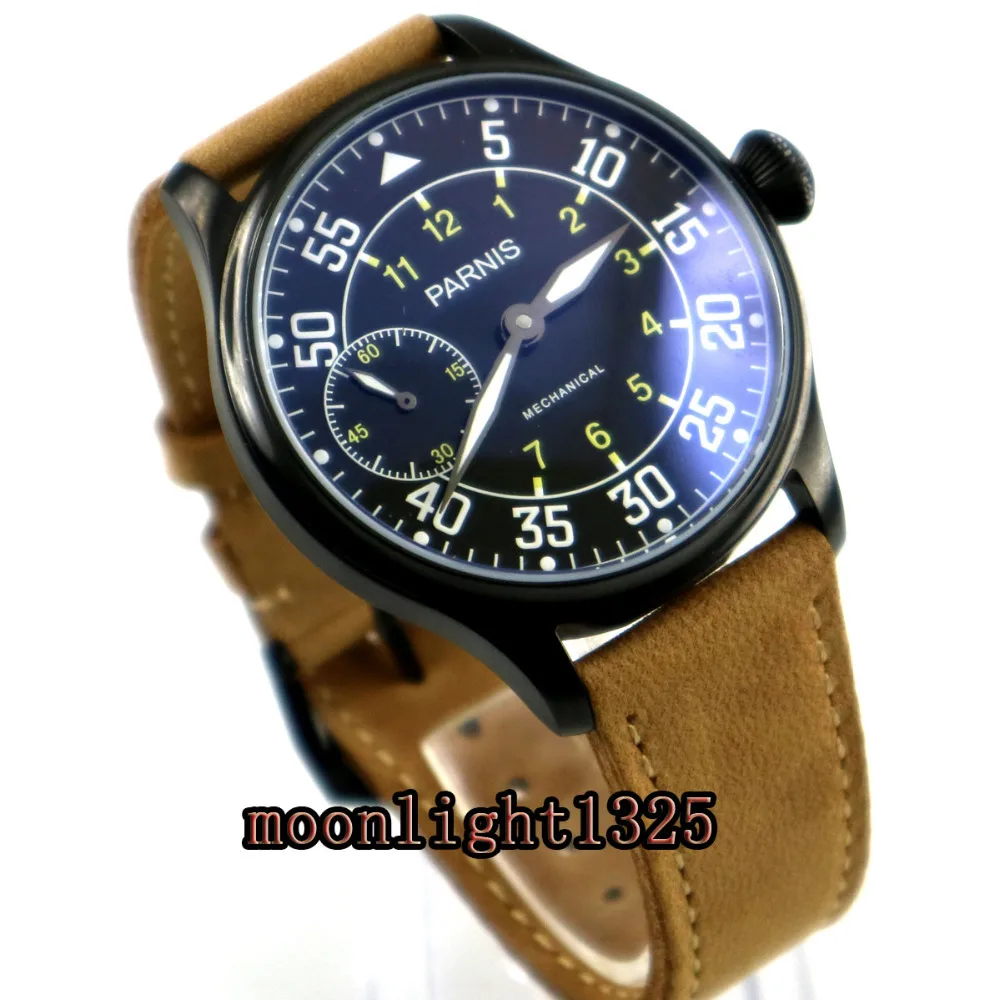 

44mm parnis black dial black PVD case 6497 movement hand winding mens watch