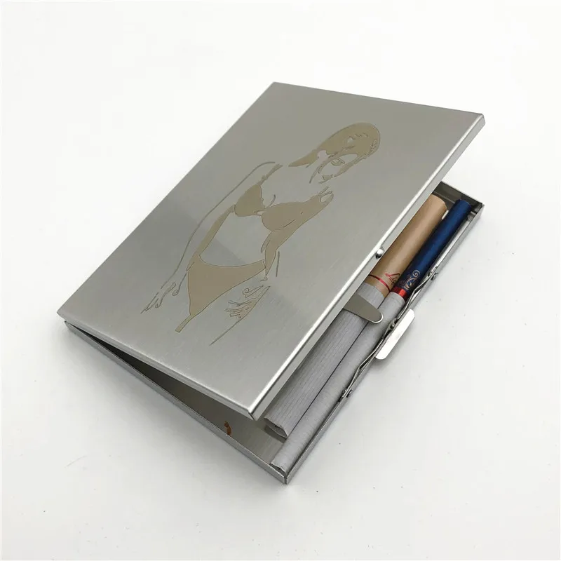 

Sexy Girl Stainless Steel Cigarette Case Ultra Thin Metal Universal Cigarette Boxes Wire Drawing Process Smoking Box
