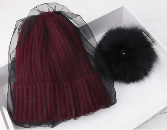 2019 New Faux Fur Pom Pom Hat Mesh Lace Beanies Cap Winter Warm Knitted Hats For Women Fashion Veil  Skullies Caps 6