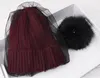 2019 New Faux Fur Pom Pom Hat Mesh Lace Beanies Cap Winter Warm Knitted Hats For Women Fashion Veil  Skullies Caps 6