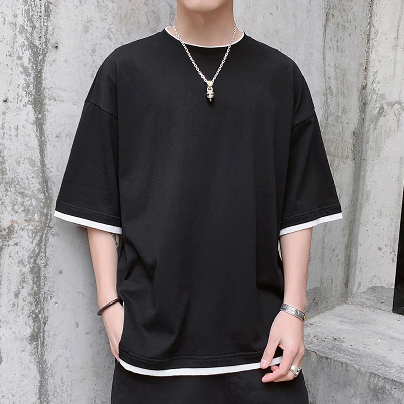 

Short sleeve patchwork solid t shirt men clothes 2019 summer hip hop streetwear cotton tshirts white black tee shirts male TS112
