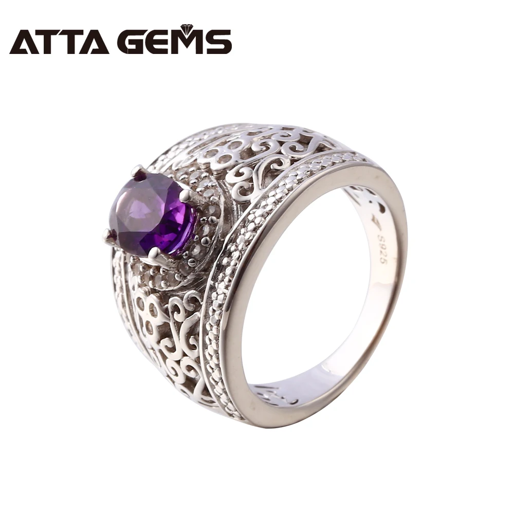 

Natural Amethyst Solid Silver Women Ring Unisex Sterling Silver Ring Natural Purple Quarts Wedding And Birthday Party Gift