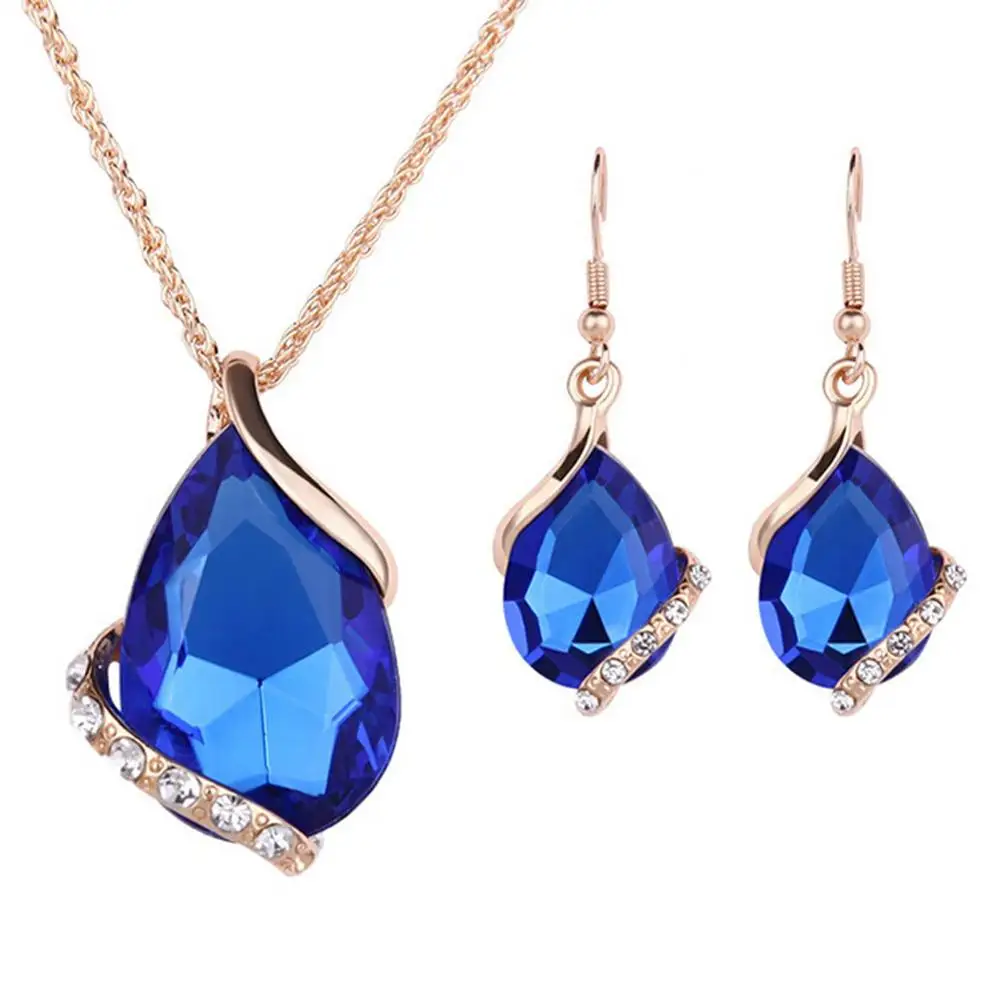 2019 New Wholesale Austrian Crystal Jewelry Sets Water Drop Pendant Necklace Stud Earring Bracelet Jewellery Women