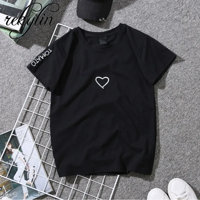 2019 Summer Couples Lovers T-Shirt For Women Casual White Tops Tshirt Women T Shirt Love Heart Embroidery Print T-Shirt Female