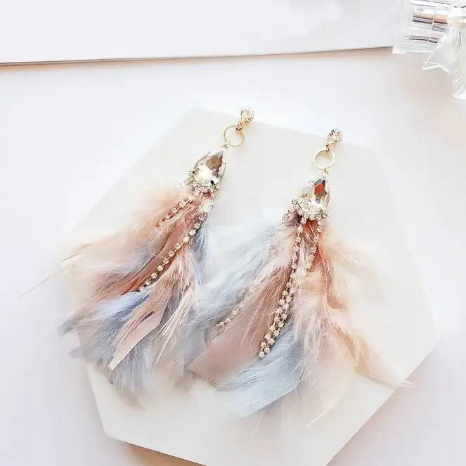 

MENGJIQIAO 2018 New Arrival Elegant Colorful Feather Tassel Earrings For Women Shiny Crystal Beads Dangle Pendientes Mujer Moda