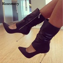 ; женские модные черные кожаные сапоги-гладиаторы с острым носком; короткие сапоги на высоком каблуке-шпильке с вырезами