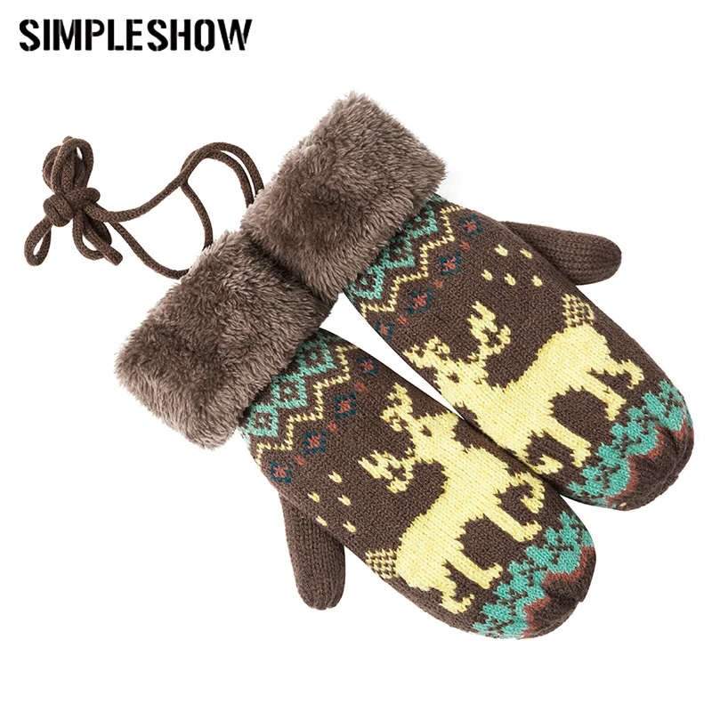 

Winter Women Mittens Plus Cashmere Knitted Gloves Winter Gloves Cute Elk Christmas Warm Female Mittens