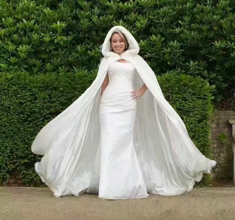 Bridal Cape Wedding Cloak Bridal Wrap Winter Wedding Accessory Floor Length Long Cape with Hood Faux Fur