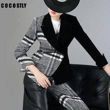 Велюровый Лоскутный шерстяной клетчатый Блейзер Пальто Женский ассиметричный пиджак с длинными рукавами женские костюмы Осенняя модная одежда