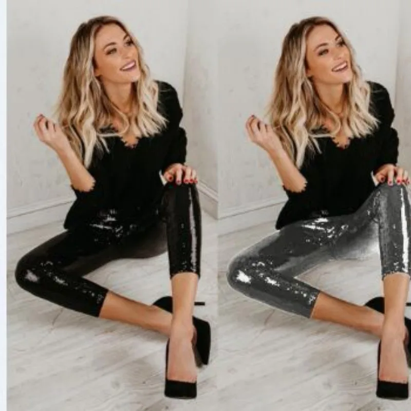 

HOUZHOU Sequin Pants Women Summer Slim Sexy Skinny Leggings Sexy Streetwear Fashion Pencil Trousers High Waist Pantalon Female