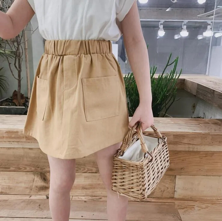 

2019 new wholesale girls pockets skirt summer spring cotton fashion girls skirts 3-9 years HQ139
