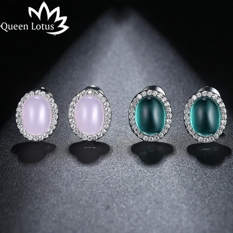 

Queen Lotus 2018 Women Vintage Earrings Green/Pink Opal Earrings Luxury Retro Stud Earrings Jewelry Crystal Ornamentation Party