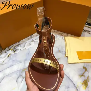 

Prowow New Genuine Leather Khaki Metal Studded Summer Sandals Open Toe Buckle Strap Beach Flats Sandals Shoes Women
