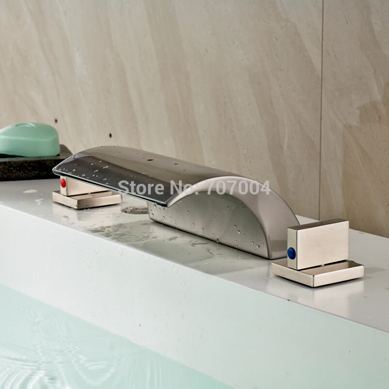Modern Waterfall Spout 3PCS Basin Sink Faucet Double Handle Brushed Nickel Three Holes Basin Sink Faucet