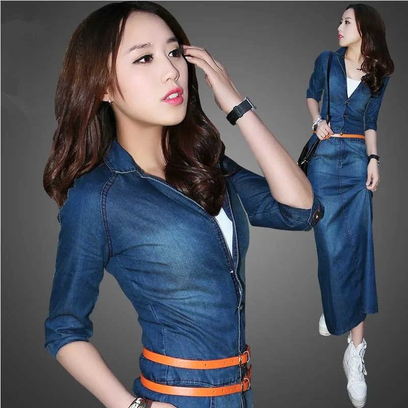 Женское джинсовое длинное платье, осень, Корейская тонкая винтажная женская сумка, джинсовое платье с ремнем, повседневный джинсовый стиль, плюс размер 3XL